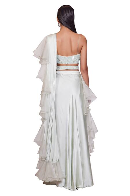 Shop Panihari Green Silk, Satin Cut Work, Sequins, Pre-draped Ruffle Skirt Saree With Blouse Shop_Panihari_Green Silk, Satin Cut Work, Sequins, Pre-draped Ruffle Skirt Saree With Blouse