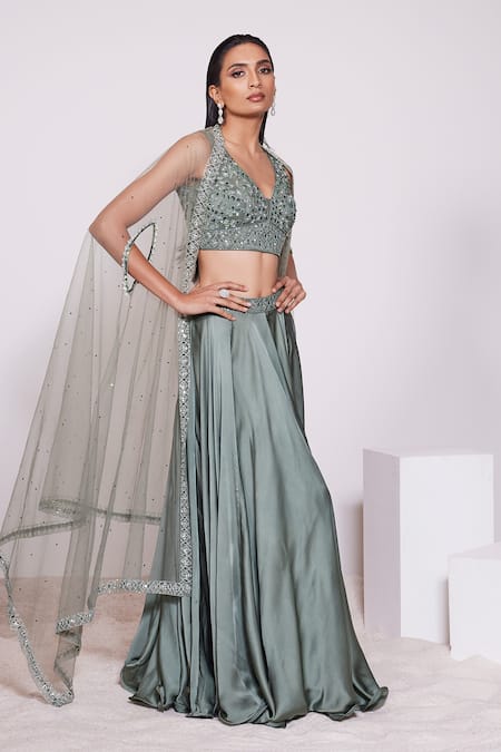 Panihari_Green Silk, Satin Beads, Pearls, Sequins V-neck Embroidered Skirt And Blouse Set _Online_at_Aza_Fashions
