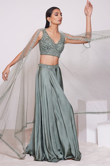 Buy_Panihari_Green Silk, Satin Beads, Pearls, Sequins V-neck Embroidered Skirt And Blouse Set _Online_at_Aza_Fashions