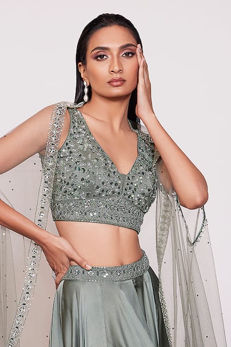 Shop_Panihari_Green Silk, Satin Beads, Pearls, Sequins V-neck Embroidered Skirt And Blouse Set _Online_at_Aza_Fashions