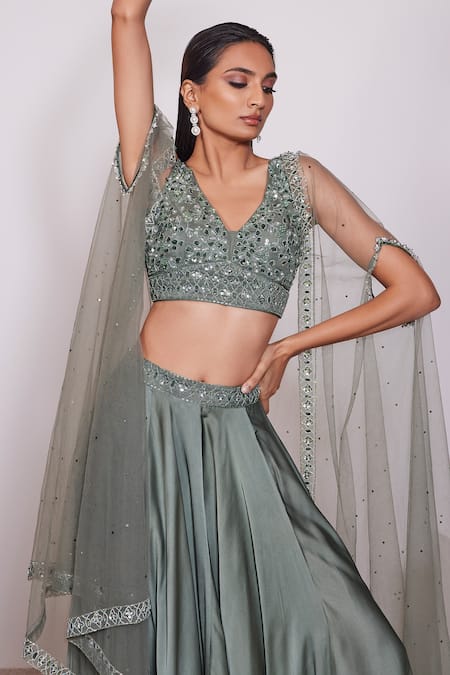 Panihari_Green Silk, Satin Beads, Pearls, Sequins V-neck Embroidered Skirt And Blouse Set _at_Aza_Fashions
