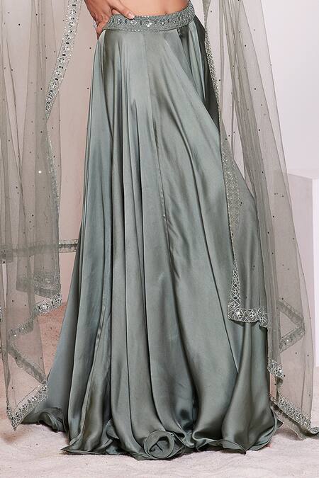 Buy_Panihari_Green Silk, Satin Beads, Pearls, Sequins V-neck Embroidered Skirt And Blouse Set 