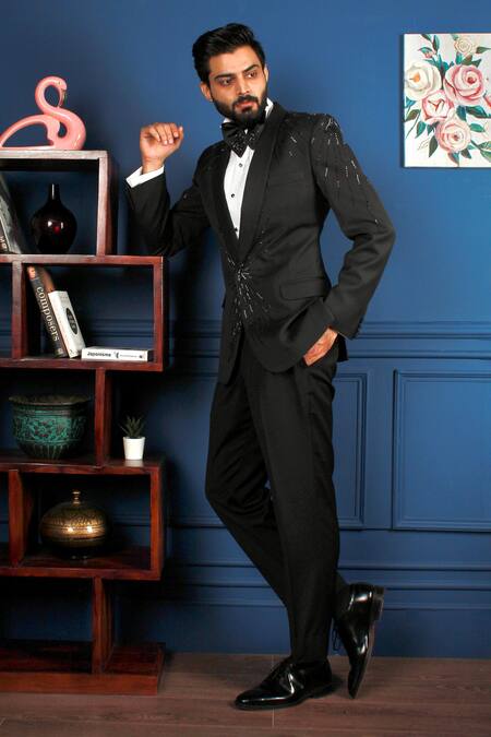 Shop The House Of Diwans Black Polyester, Cotton, Satin, Viscose Sunburst Embellished Tuxedo Trouser Set at Aza Fashions Shop_The House Of Diwans_Black Polyester, Cotton, Satin, Viscose Sunburst Embellished Tuxedo Trouser Set _at_Aza_Fashions