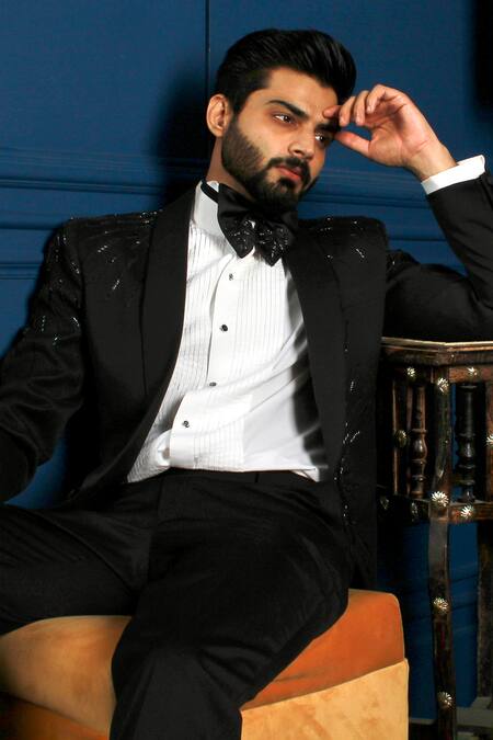The House Of Diwans Black Polyester, Cotton, Satin, Viscose Sunburst Embellished Tuxedo Trouser Set Online at Aza Fashions The House Of Diwans_Black Polyester, Cotton, Satin, Viscose Sunburst Embellished Tuxedo Trouser Set _Online_at_Aza_Fashions