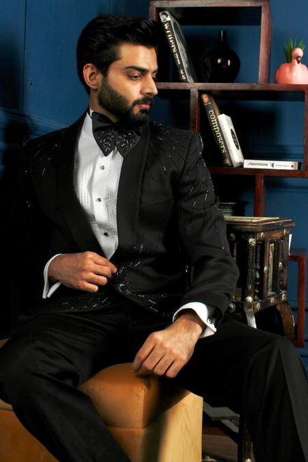 Shop The House Of Diwans Black Polyester, Cotton, Satin, Viscose Sunburst Embellished Tuxedo Trouser Set Online at Aza Fashions Shop_The House Of Diwans_Black Polyester, Cotton, Satin, Viscose Sunburst Embellished Tuxedo Trouser Set _Online_at_Aza_Fashions