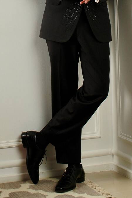 The House Of Diwans Black Polyester, Cotton, Satin, Viscose Sunburst Embellished Tuxedo Trouser Set at Aza Fashions The House Of Diwans_Black Polyester, Cotton, Satin, Viscose Sunburst Embellished Tuxedo Trouser Set _at_Aza_Fashions