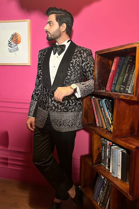 The House Of Diwans Black Velvet, Cotton, Satin, Polyester, Viscose Thread Tuxedo Trouser Set Online at Aza Fashions The House Of Diwans_Black Velvet, Cotton, Satin, Polyester, Viscose Thread Tuxedo Trouser Set _Online_at_Aza_Fashions