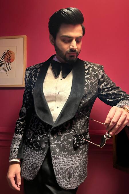 Buy The House Of Diwans Black Velvet, Cotton, Satin, Polyester, Viscose Thread Tuxedo Trouser Set Online at Aza Fashions Buy_The House Of Diwans_Black Velvet, Cotton, Satin, Polyester, Viscose Thread Tuxedo Trouser Set _Online_at_Aza_Fashions