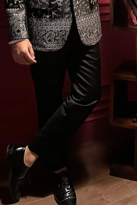 Buy The House Of Diwans Black Velvet, Cotton, Satin, Polyester, Viscose Thread Tuxedo Trouser Set Buy_The House Of Diwans_Black Velvet, Cotton, Satin, Polyester, Viscose Thread Tuxedo Trouser Set