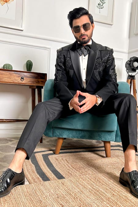 The House Of Diwans_Black Cotton, Satin Sequins, Beads Wave Tuxedo Set _Online_at_Aza_Fashions