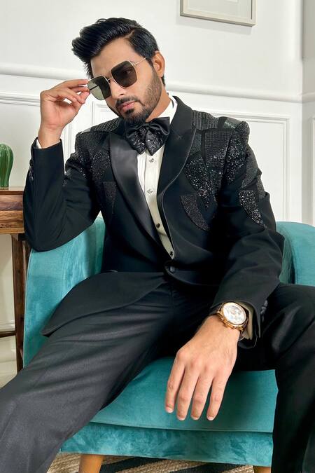 Buy_The House Of Diwans_Black Cotton, Satin Sequins, Beads Wave Tuxedo Set _Online_at_Aza_Fashions