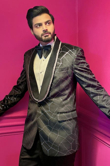 The House Of Diwans Black Velvet, Cotton, Satin, Polyester, Viscose Beads, Embellished Tuxedo Set Online at Aza Fashions The House Of Diwans_Black Velvet, Cotton, Satin, Polyester, Viscose Beads, Embellished Tuxedo Set _Online_at_Aza_Fashions