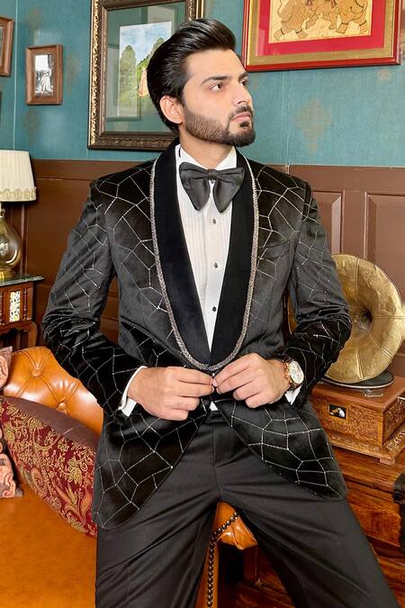 Buy The House Of Diwans Black Velvet, Cotton, Satin, Polyester, Viscose Beads, Embellished Tuxedo Set Online at Aza Fashions Buy_The House Of Diwans_Black Velvet, Cotton, Satin, Polyester, Viscose Beads, Embellished Tuxedo Set _Online_at_Aza_Fashions