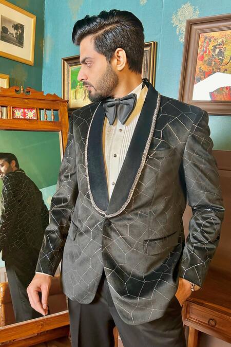 Shop The House Of Diwans Black Velvet, Cotton, Satin, Polyester, Viscose Beads, Embellished Tuxedo Set Online at Aza Fashions Shop_The House Of Diwans_Black Velvet, Cotton, Satin, Polyester, Viscose Beads, Embellished Tuxedo Set _Online_at_Aza_Fashions