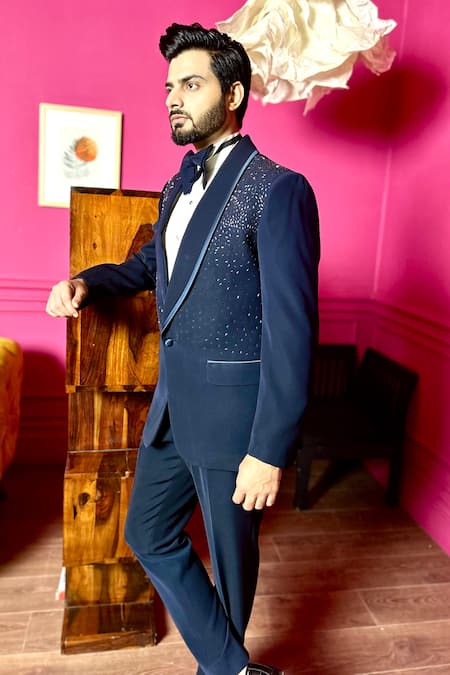 The House Of Diwans Black Cotton, Satin, Suede Beads Gradient Embellished Tuxedo Trouser Set Online at Aza Fashions The House Of Diwans_Black Cotton, Satin, Suede Beads Gradient Embellished Tuxedo Trouser Set _Online_at_Aza_Fashions