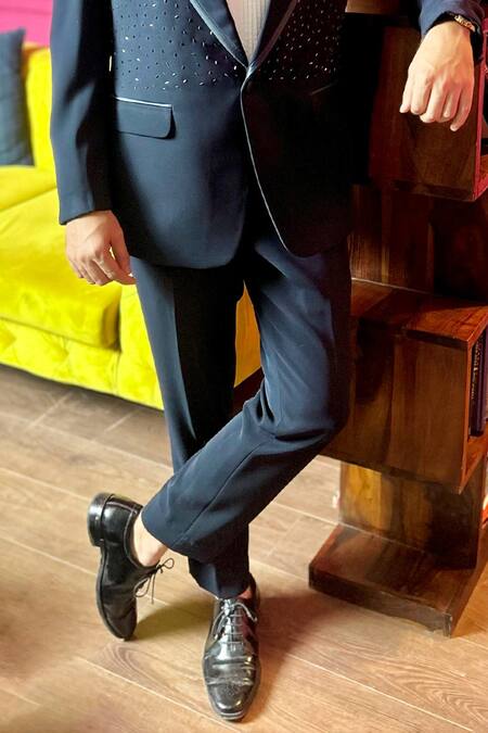 Shop The House Of Diwans Black Cotton, Satin, Suede Beads Gradient Embellished Tuxedo Trouser Set Online at Aza Fashions Shop_The House Of Diwans_Black Cotton, Satin, Suede Beads Gradient Embellished Tuxedo Trouser Set _Online_at_Aza_Fashions