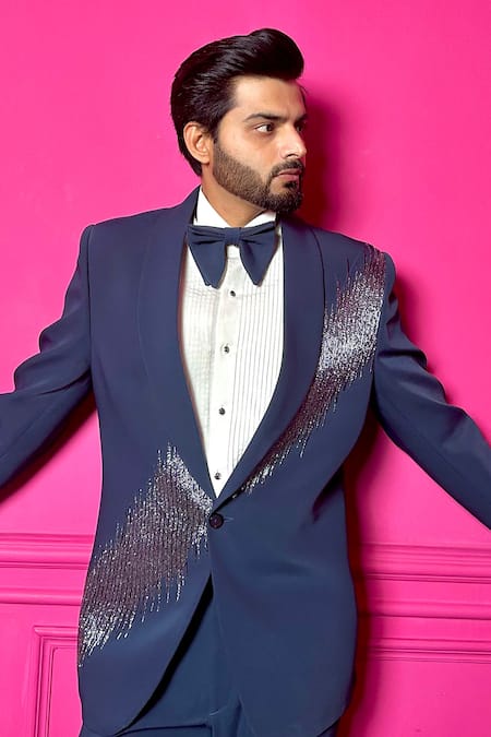 The House Of Diwans Blue Cotton, Satin, Twill, Silk Beads, Embroidery Gradient Tuxedo Trouser Set Online at Aza Fashions The House Of Diwans_Blue Cotton, Satin, Twill, Silk Beads, Embroidery Gradient Tuxedo Trouser Set _Online_at_Aza_Fashions