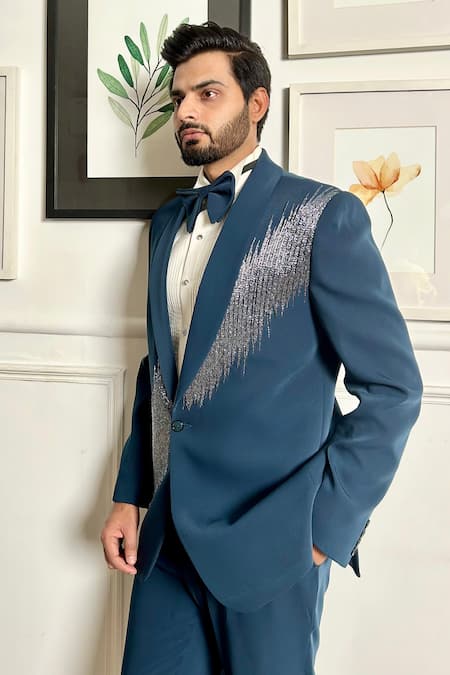 Buy The House Of Diwans Blue Cotton, Satin, Twill, Silk Beads, Embroidery Gradient Tuxedo Trouser Set Online at Aza Fashions Buy_The House Of Diwans_Blue Cotton, Satin, Twill, Silk Beads, Embroidery Gradient Tuxedo Trouser Set _Online_at_Aza_Fashions
