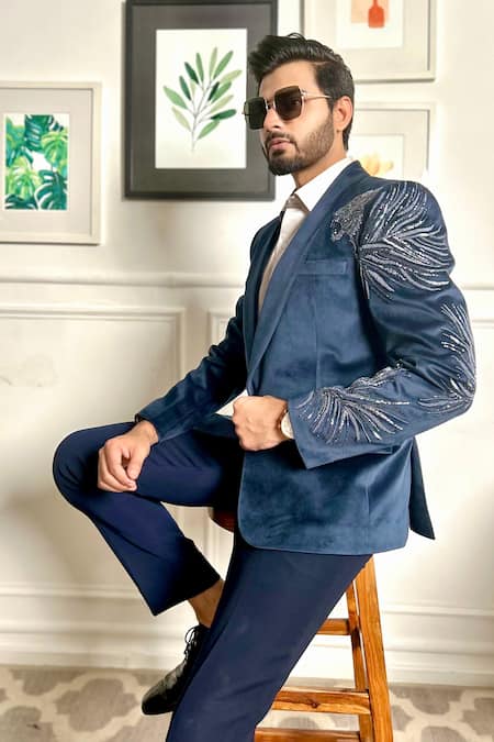 The House Of Diwans Blue Velvet, Cotton, Polyester, Viscose Embellished Placement Tuxedo Trouser Set Online at Aza Fashions The House Of Diwans_Blue Velvet, Cotton, Polyester, Viscose Embellished Placement Tuxedo Trouser Set _Online_at_Aza_Fashions