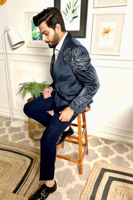 Buy The House Of Diwans Blue Velvet, Cotton, Polyester, Viscose Embellished Placement Tuxedo Trouser Set Online at Aza Fashions Buy_The House Of Diwans_Blue Velvet, Cotton, Polyester, Viscose Embellished Placement Tuxedo Trouser Set _Online_at_Aza_Fashions