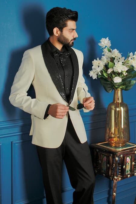 The House Of Diwans Cream Tuxedo And Trouser Japanese Suiting Fabric Embellished Placement Set