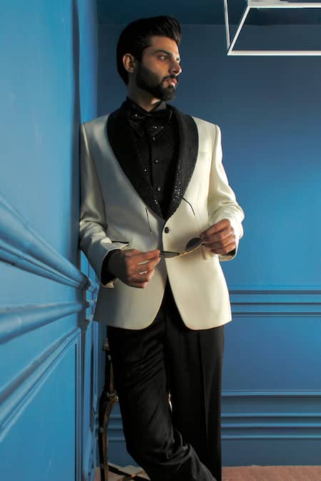 Shop The House Of Diwans Cream Cotton, Satin Sequins Embellished Placement Tuxedo Trouser Set at Aza Fashions Shop_The House Of Diwans_Cream Cotton, Satin Sequins Embellished Placement Tuxedo Trouser Set _at_Aza_Fashions