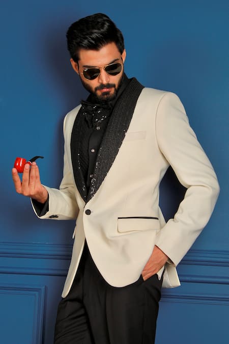Buy The House Of Diwans Cream Cotton, Satin Sequins Embellished Placement Tuxedo Trouser Set Online at Aza Fashions Buy_The House Of Diwans_Cream Cotton, Satin Sequins Embellished Placement Tuxedo Trouser Set _Online_at_Aza_Fashions