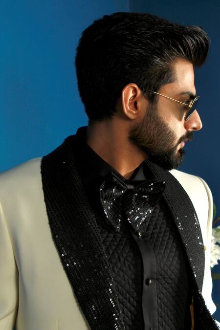 Shop The House Of Diwans Cream Cotton, Satin Sequins Embellished Placement Tuxedo Trouser Set Online at Aza Fashions Shop_The House Of Diwans_Cream Cotton, Satin Sequins Embellished Placement Tuxedo Trouser Set _Online_at_Aza_Fashions