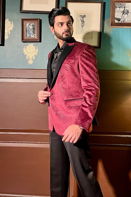 The House Of Diwans Wine Velvet Floral Tuxedo Set 
