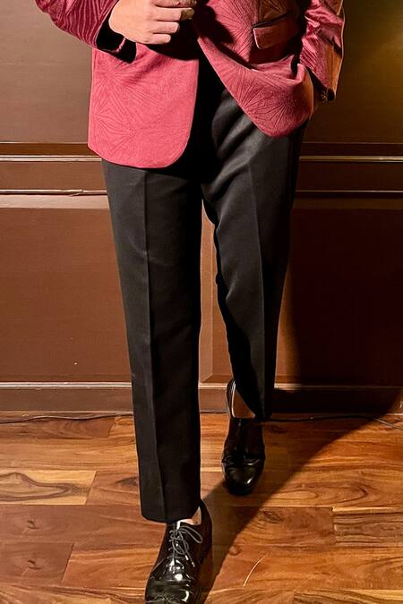 Buy_The House Of Diwans_Wine Velvet, Cotton, Polyester, Satin Embroidery Floral Tuxedo Set _Online_at_Aza_Fashions