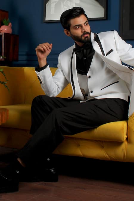 Shop The House Of Diwans White Cotton, Satin, Polyester Placed Piping Patterned Tuxedo Trouser Set at Aza Fashions Shop_The House Of Diwans_White Cotton, Satin, Polyester Placed Piping Patterned Tuxedo Trouser Set _at_Aza_Fashions