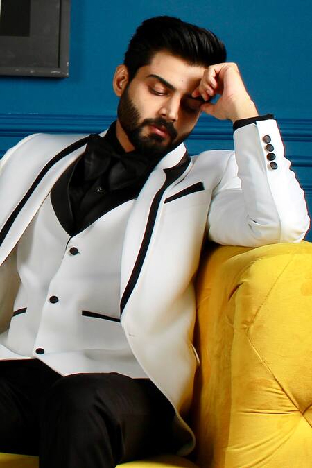 The House Of Diwans White Cotton, Satin, Polyester Placed Piping Patterned Tuxedo Trouser Set Online at Aza Fashions The House Of Diwans_White Cotton, Satin, Polyester Placed Piping Patterned Tuxedo Trouser Set _Online_at_Aza_Fashions