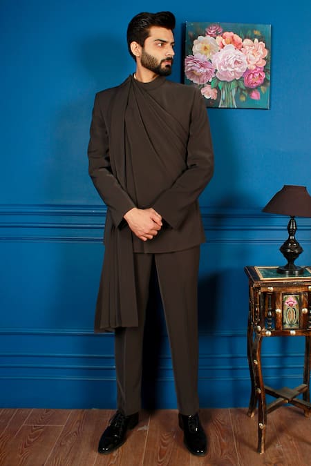 The House Of Diwans Grey Tuxedo And Trouser Poly Viscose Solid Draped Bandhgala Pant Set