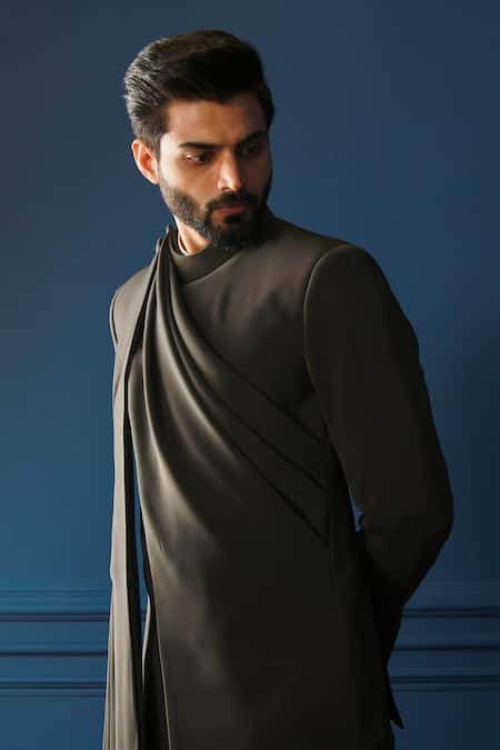 Buy_The House Of Diwans_Grey Polyester, Viscose, Cotton Solid Draped Bandhgala Pant Set _Online_at_Aza_Fashions