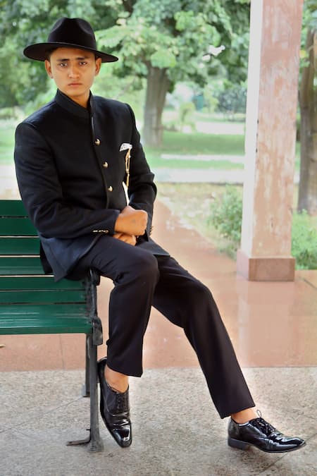 The House Of Diwans Black Tuxedo And Trouser Poly Viscose Self Work Bandhgala Pant Set 