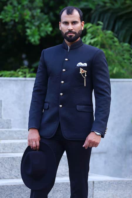 Shop The House Of Diwans Black Cotton, Polyester, Viscose Embroidery Self Work Bandhgala Pant Set at Aza Fashions Shop_The House Of Diwans_Black Cotton, Polyester, Viscose Embroidery Self Work Bandhgala Pant Set _at_Aza_Fashions