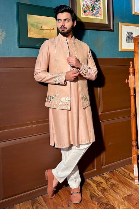 The House Of Diwans_Peach Cotton, Silk Applique Leather Bundi Kurta Set _Online_at_Aza_Fashions