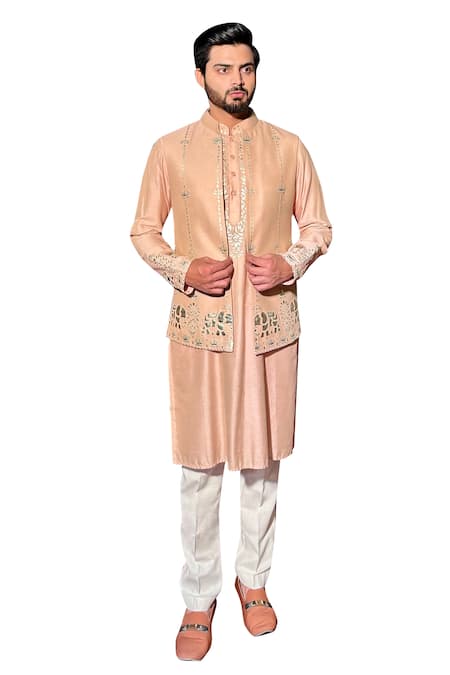 Shop_The House Of Diwans_Peach Cotton, Silk Applique Leather Bundi Kurta Set _Online_at_Aza_Fashions
