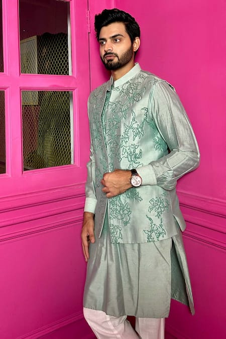 The House Of Diwans Green Cotton Silk Embellished Sequin Bundi Kurta Set 