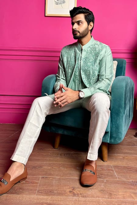 The House Of Diwans Green Cotton, Silk Sequins Embellished Bundi Kurta Set Online at Aza Fashions The House Of Diwans_Green Cotton, Silk Sequins Embellished Bundi Kurta Set _Online_at_Aza_Fashions