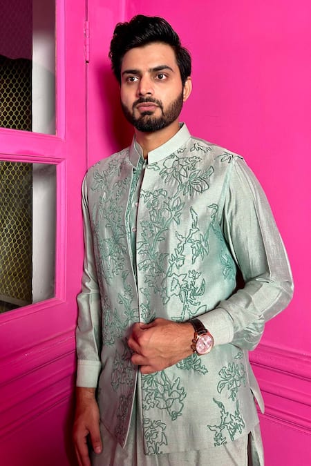 Buy The House Of Diwans Green Cotton, Silk Sequins Embellished Bundi Kurta Set Online at Aza Fashions Buy_The House Of Diwans_Green Cotton, Silk Sequins Embellished Bundi Kurta Set _Online_at_Aza_Fashions