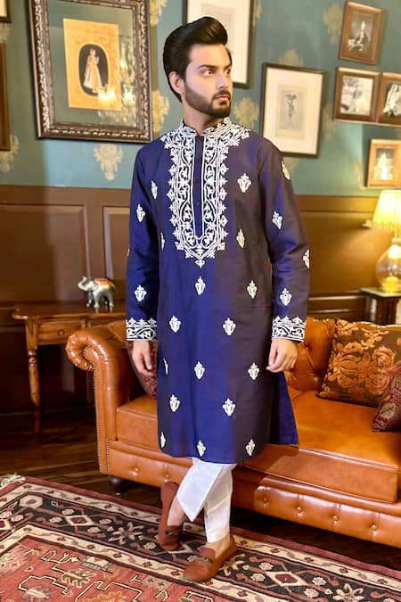 The House Of Diwans Blue Cotton Silk Embroidered Thread Floral Kurta With Pant Pyjama 