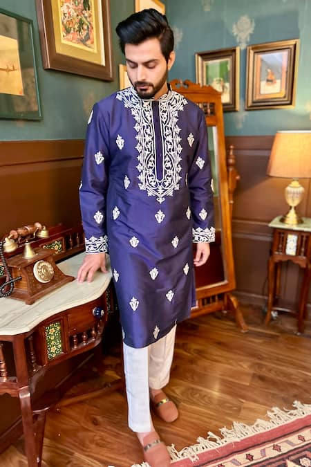 Shop The House Of Diwans Blue Cotton, Silk Embroidery Floral Kurta With Pant Pyjama at Aza Fashions Shop_The House Of Diwans_Blue Cotton, Silk Embroidery Floral Kurta With Pant Pyjama _at_Aza_Fashions
