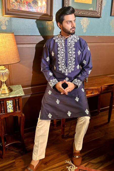 Buy The House Of Diwans Blue Cotton, Silk Embroidery Floral Kurta With Pant Pyjama Online at Aza Fashions Buy_The House Of Diwans_Blue Cotton, Silk Embroidery Floral Kurta With Pant Pyjama _Online_at_Aza_Fashions