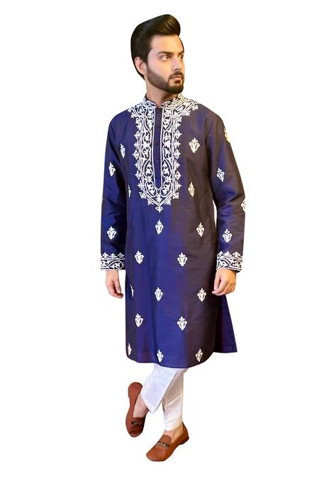 Shop The House Of Diwans Blue Cotton, Silk Embroidery Floral Kurta With Pant Pyjama Online at Aza Fashions Shop_The House Of Diwans_Blue Cotton, Silk Embroidery Floral Kurta With Pant Pyjama _Online_at_Aza_Fashions