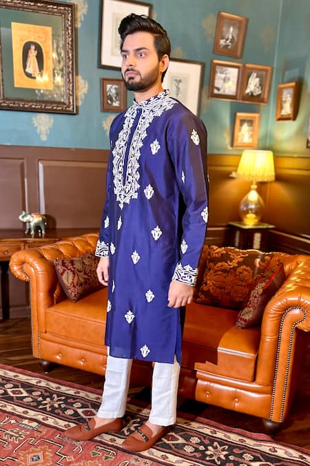 The House Of Diwans Blue Cotton, Silk Embroidery Floral Kurta With Pant Pyjama at Aza Fashions The House Of Diwans_Blue Cotton, Silk Embroidery Floral Kurta With Pant Pyjama _at_Aza_Fashions
