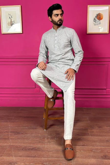 The House Of Diwans Grey Cotton, Silk Embroidery, Mirrors Chevron Kurta With Pant Pyjama Online at Aza Fashions The House Of Diwans_Grey Cotton, Silk Embroidery, Mirrors Chevron Kurta With Pant Pyjama _Online_at_Aza_Fashions