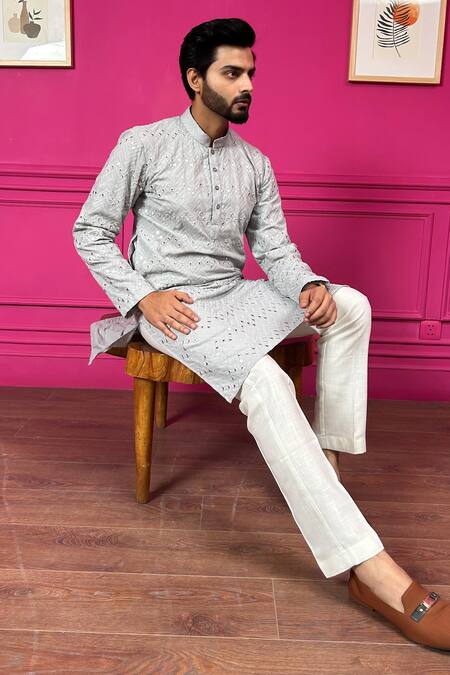 Buy The House Of Diwans Grey Cotton, Silk Embroidery, Mirrors Chevron Kurta With Pant Pyjama Online at Aza Fashions Buy_The House Of Diwans_Grey Cotton, Silk Embroidery, Mirrors Chevron Kurta With Pant Pyjama _Online_at_Aza_Fashions
