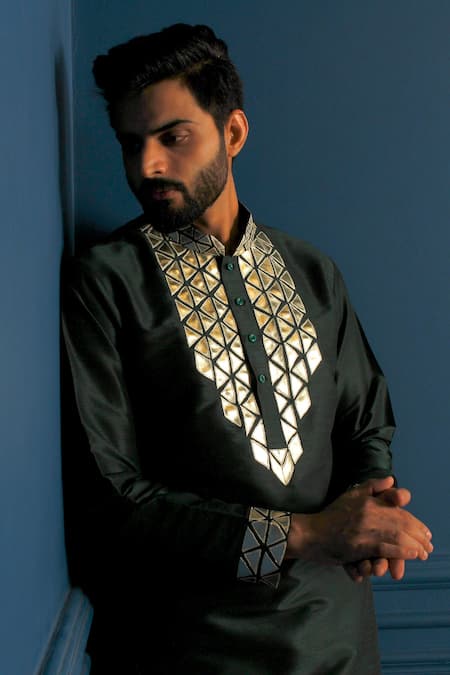 Shop_The House Of Diwans_Green Cotton, Silk Applique Leather Kurta With Pant Pyjama _Online_at_Aza_Fashions