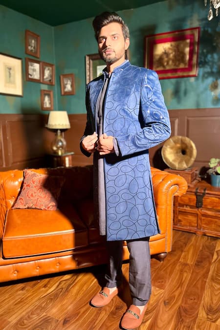 The House Of Diwans Blue Velvet, Polyester, Viscose, Embellished Open Sherwani Pant Pyjama Set Online at Aza Fashions The House Of Diwans_Blue Velvet, Polyester, Viscose, Embellished Open Sherwani Pant Pyjama Set _Online_at_Aza_Fashions